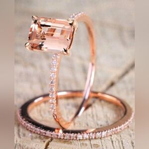 NEW Elegant Rose Gold Morganite 2 Piece Ring Set, Size 7
